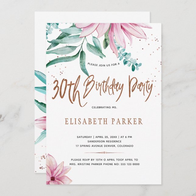 Elegant typography 30th floral birthday party invitation (Front/Back)