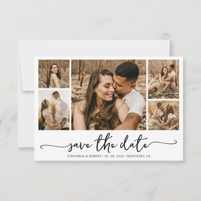 Elegant Typography 5 Photo Collage Wedding  Save The Date (Front)
