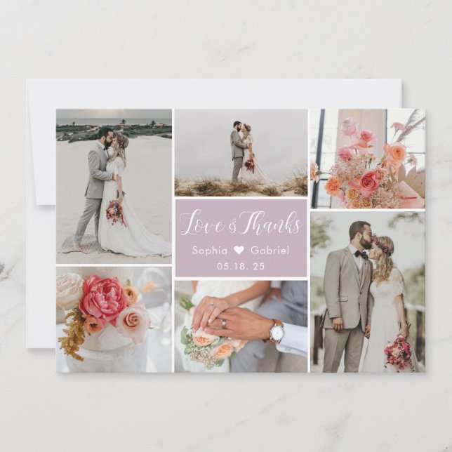 Elegant Typography 6 Photo Collage Lilac Wedding Thank You Card (Front)