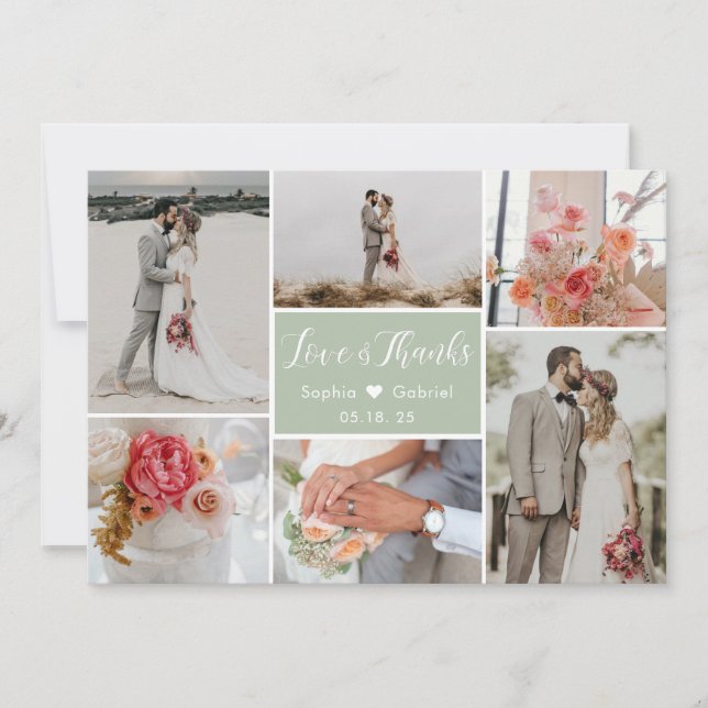 Elegant Typography 6 Photo Collage Wedding Thank You Card (Front)
