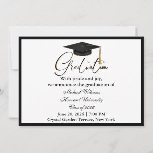 Elegant Typography Black Cap Monochrome Graduation Invitation