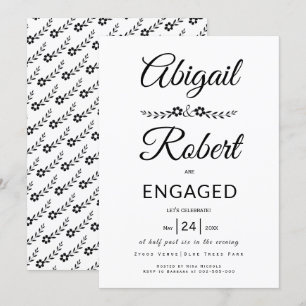 Elegant typography black flowers engagement invitation