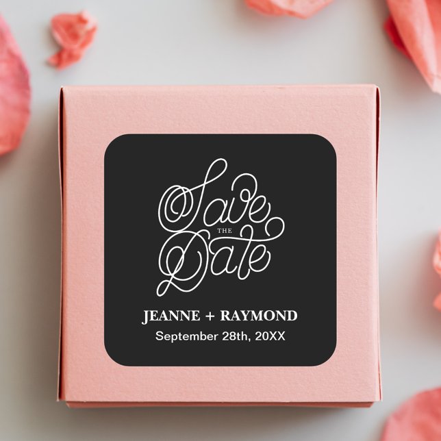 Elegant Typography Black Wedding Save the Date Square Sticker (Creator Uploaded)