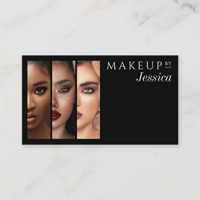 Elegant Typography Black White 3 Photo Makeup Business Card (Front)