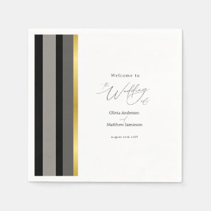 Elegant Typography Black White Gold Stripe Wedding Napkin