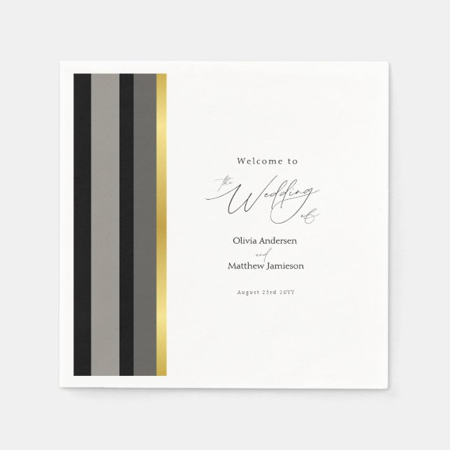 Elegant Typography Black White Gold Stripe Wedding Napkin (Front)