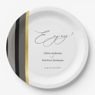 Elegant Typography Black White Gold Stripe Wedding Paper Plate