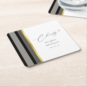 Elegant Typography Black White Gold Stripe Wedding Square Paper Coaster