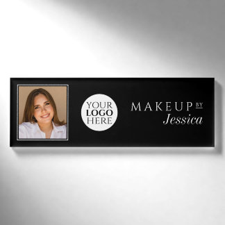 Elegant Typography Black White Photo Makeup Name Tag