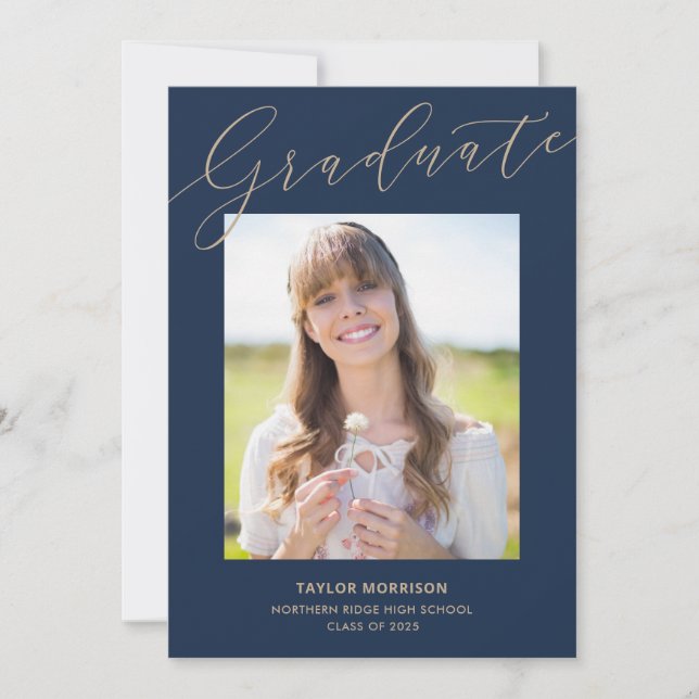 Elegant Typography Blue & Gold Graduation Party Invitation (Front)