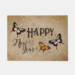 Elegant Typography Butterfly Stars Rustic New Year Doormat