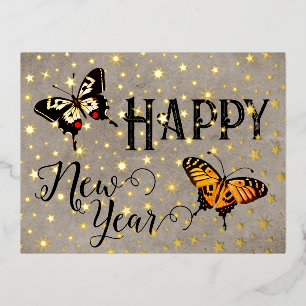 Elegant Typography Butterfly Stars Rustic New Year Foil Holiday Postcard