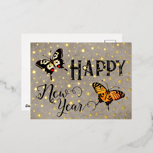 Elegant Typography Butterfly Stars Rustic New Year Foil Holiday Postcard