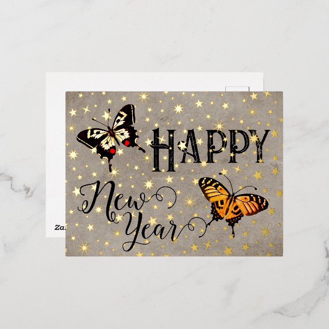 Elegant Typography Butterfly Stars Rustic New Year Foil Holiday Postcard (Front/Back)
