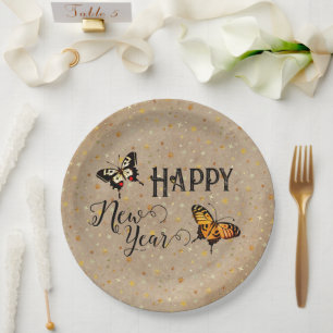 Elegant Typography Butterfly Stars Rustic New Year Paper Plate