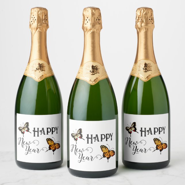 Elegant Typography Butterfly White Happy New Year  Sparkling Wine Label (Bottles)