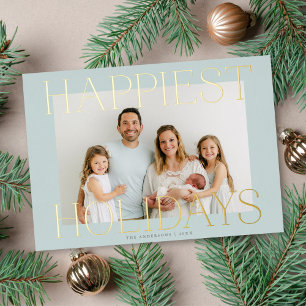 Elegant Typography Christmas Photo Aqua + Gold Foil Holiday Card