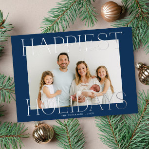 Elegant Typography Christmas Photo Blue + Silver Foil Holiday Card