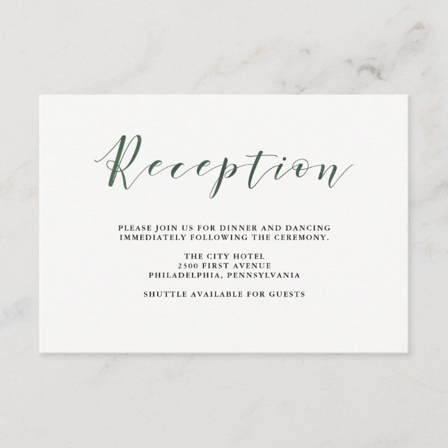 Elegant Typography | Deep Green Wedding Reception Enclosure Card (Front)