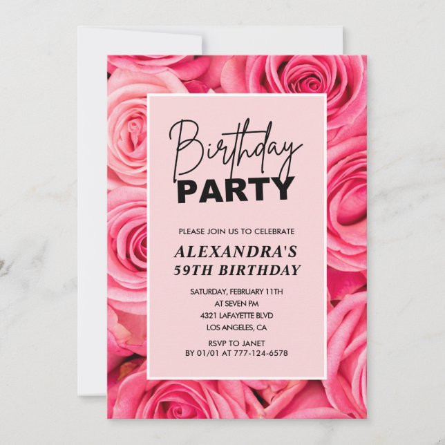 Elegant Typography Floral Pink Roses 59th birthday Invitation (Front)
