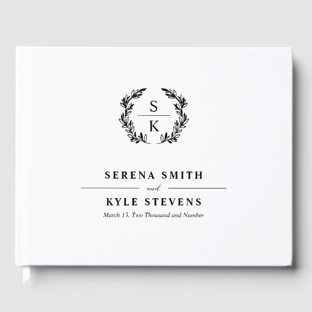 Elegant Typography Laurel Wreath Monogram Wedding Guest Book (Front)