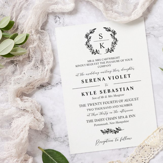 Elegant Typography Laurel Wreath Monogram Wedding  Invitation (Creator Uploaded)