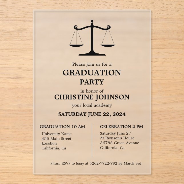Elegant Typography Law School Graduation Party Acrylic Invitations (Front)