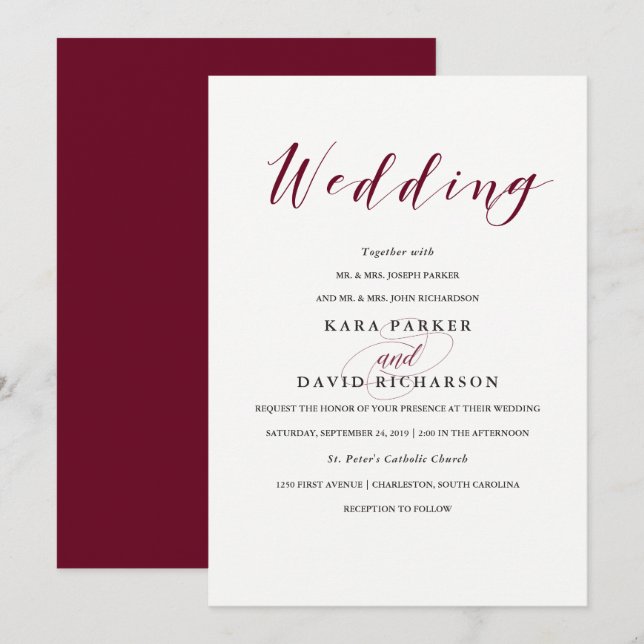 Elegant Typography | Marsala Wedding Invitation (Front/Back)