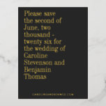 Elegant Typography Modern Save The Date Gold Foil Invitation Postcard<br><div class="desc">Classic Elegant Gold Foil Typography on a Black Background Minimalist Modern Wedding Save the Date Postcard</div>