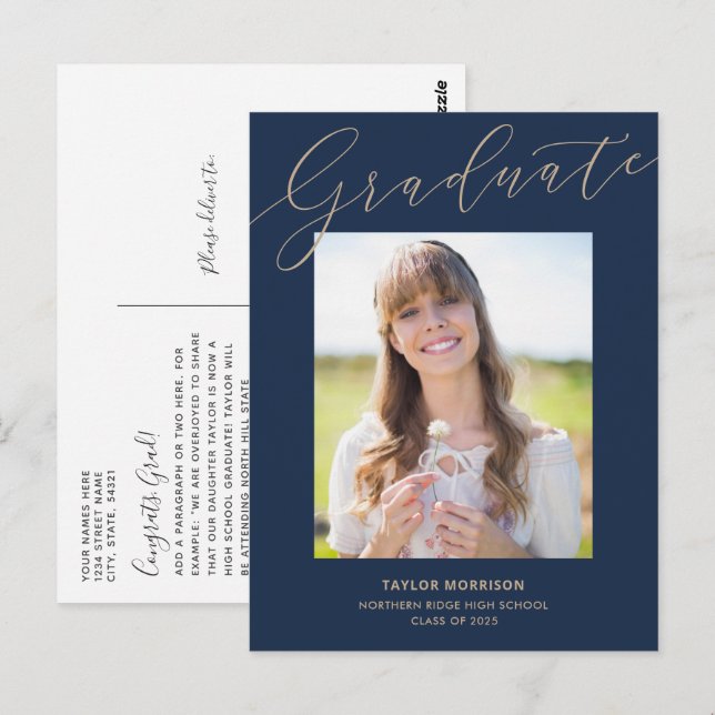Elegant Typography Navy Blue & Gold Graduation Postcard (Front/Back)