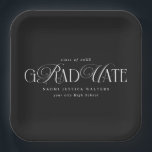 Elegant Typography Old Money Graduation Black Paper Plate<br><div class="desc">Celebrate your graduate’s big milestone with these personalized black graduation party paper plates, designed to add a modern and elegant touch to your celebration. The design features the word “Graduation” in stylish white script lettering, combining flowing cursive with a bold, contemporary feel that pops beautifully against the classic black background....</div>