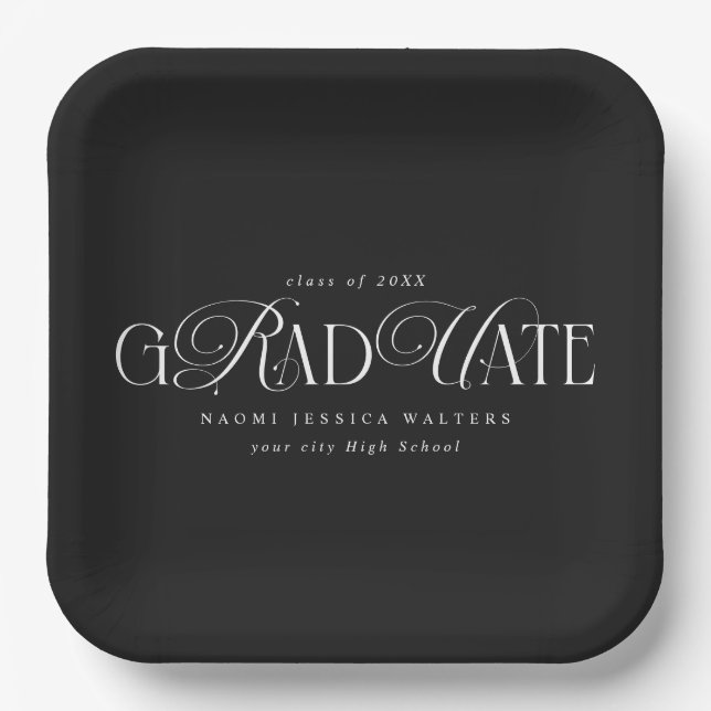 Elegant Typography Old Money Graduation Black Paper Plate (Front)