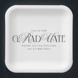 Elegant Typography Old Money Graduation WHITE Paper Plate<br><div class="desc">Celebrate your graduate’s big milestone with these personalized white graduation party paper plates, designed to add a modern and elegant touch to your celebration. The design features the word “Graduation” in stylish white script lettering, combining flowing cursive with a bold, contemporary feel that pops beautifully against the classic black background....</div>