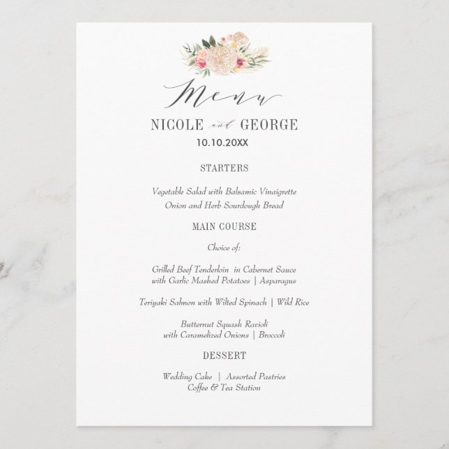Elegant Typography Peony Gold Wedding or Party Menu (Front)