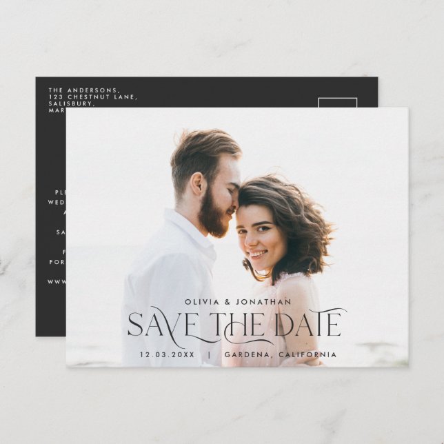 Elegant typography photo wedding save the date postcard (Front/Back)
