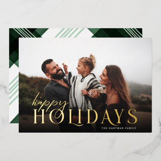 Elegant Typography Plaid Happy Holidays Photo   Foil Holiday Card (Front/Back)