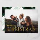 Elegant Typography Plaid Merry Christmas Photo    Foil Holiday Card<br><div class="desc">This simply designed Christmas photo card features elegant foil typography reading, "Merry Christmas." A dark gradient photo overlay towards the bottom allows the text to stand out against your photo. The size and placement of the overlay can be adjusted as needed through the customization tool. The back contains a painted...</div>