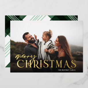  Elegant Typography Plaid Merry Christmas Photo    Foil Holiday Card