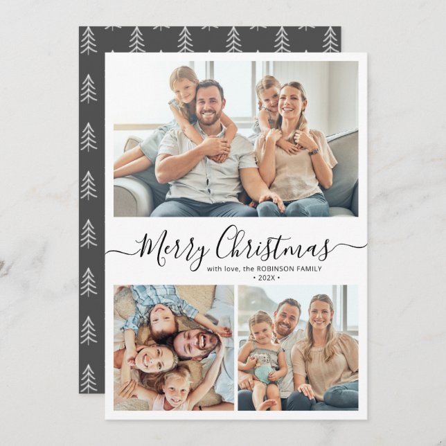 Elegant Typography Rustic 3 Multi Photo Christmas  Holiday Card (Front/Back)