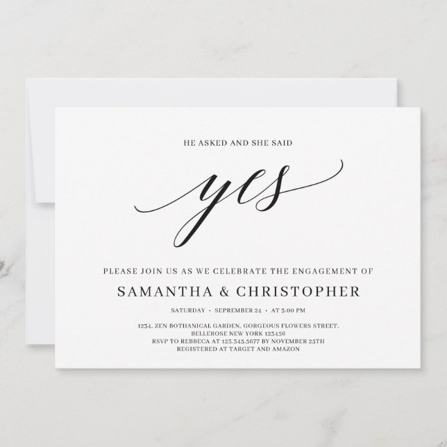 Elegant typography she said yes engagement invitation (Front)