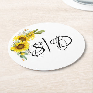 Elegant typography sunflowers wedding round paper coaster