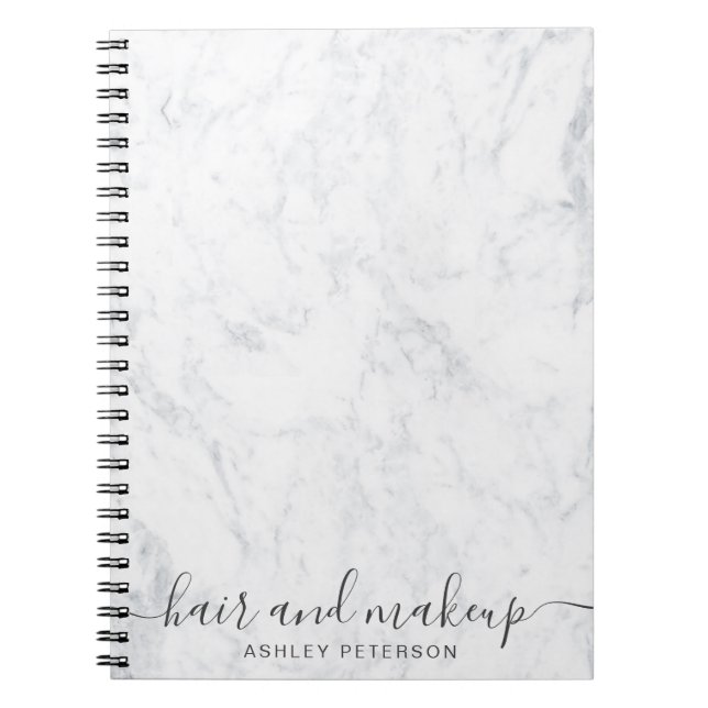 elegant typography trendy white marble hair makeup notebook (Front)