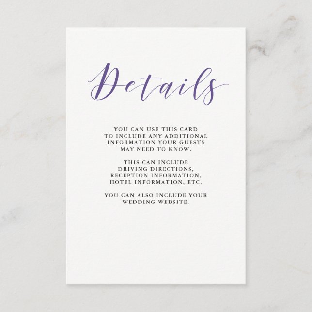 Elegant Typography | Violet Guest Details Enclosure Card (Front)