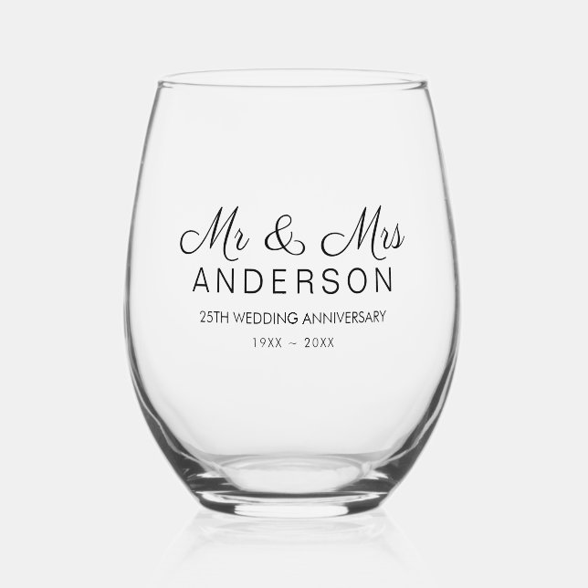 Elegant Typography Wedding Anniversary Stemless Wine Glass (Front)