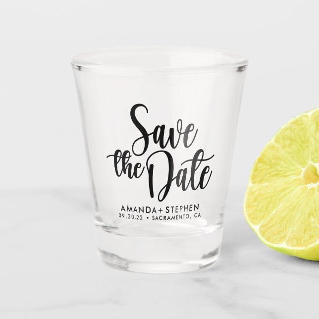 Elegant Typography Wedding Save The Date Shot Glass (Front)
