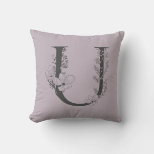 Elegant U Boho Floral Monogram Initial Lilac Grey Throw Pillow
