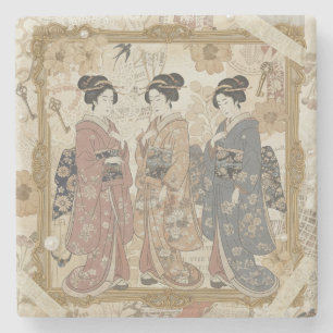 Elegant Ukiyoe Collage Art – Vintage JP Beauty Sti Stone Coaster