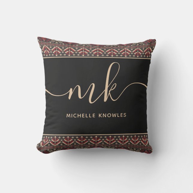 Elegant Ukrainian Pattern Design Stylish Monogram Outdoor Pillow (Front)