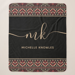 Elegant Ukrainian Pattern Design Stylish Monogram Sherpa Blanket