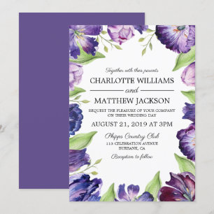Elegant Ultra Violet Watercolor Tulips Wedding Invitation